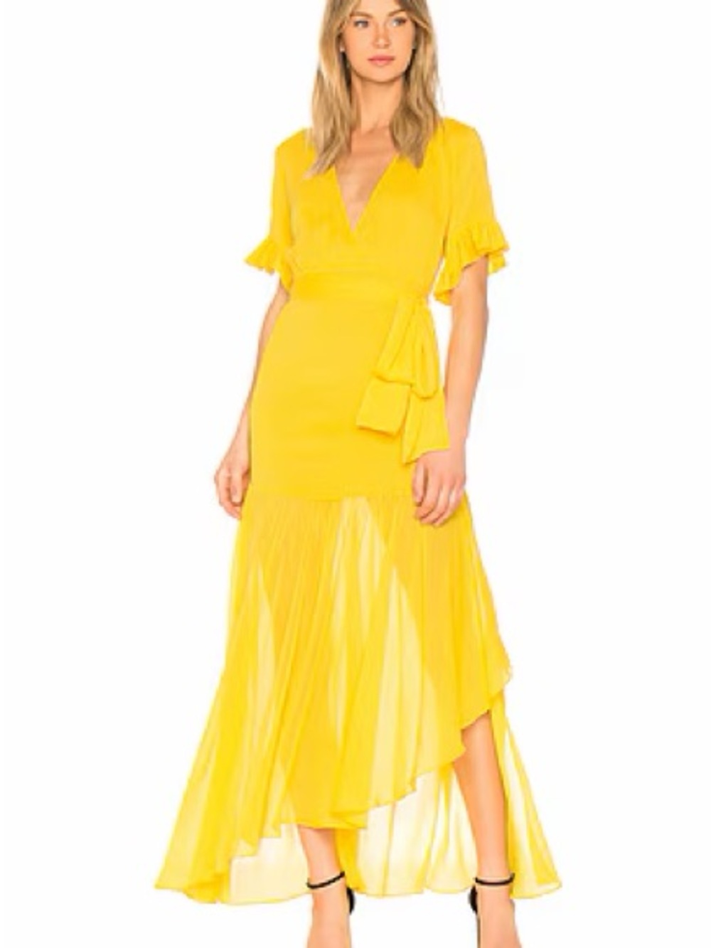 Privacy please sz M Yellow Wrap Maxi Dress with Ruffle Sleeve msrp 200